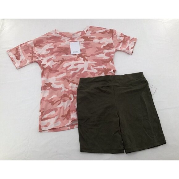 Love Fire Girls Oversized T-shirt & Bike Shorts Set Pink Camo Green Size Large - Picture 1 of 3